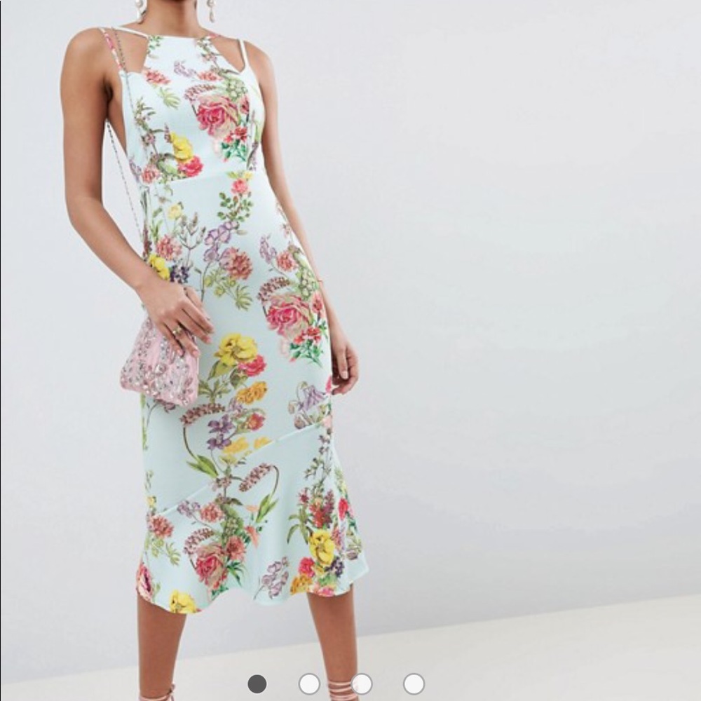 ASOS double strap floral midi bodycon pephem dress